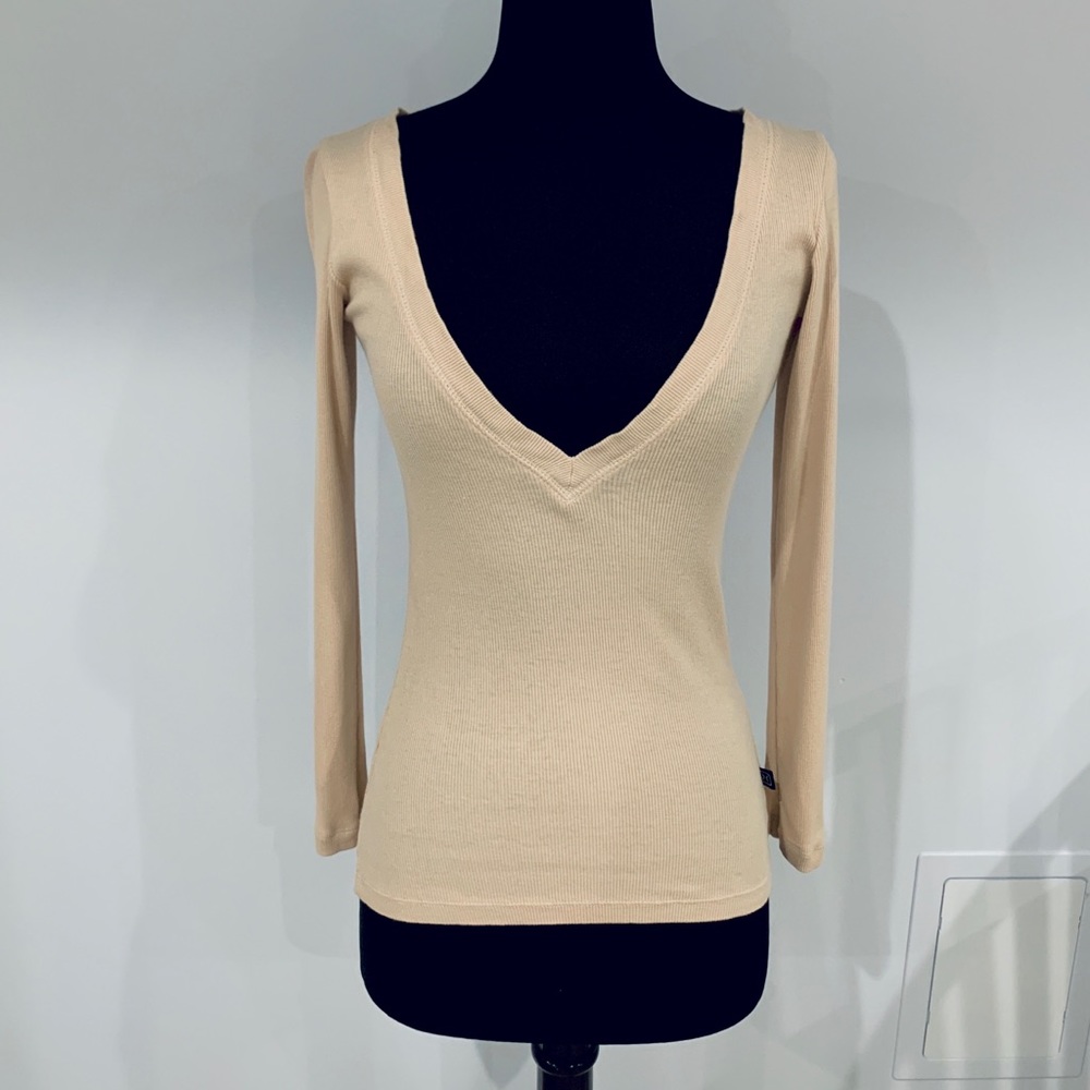 Outlaw Deep V-Neck Long Sleeve Beige Top 100% Cotton